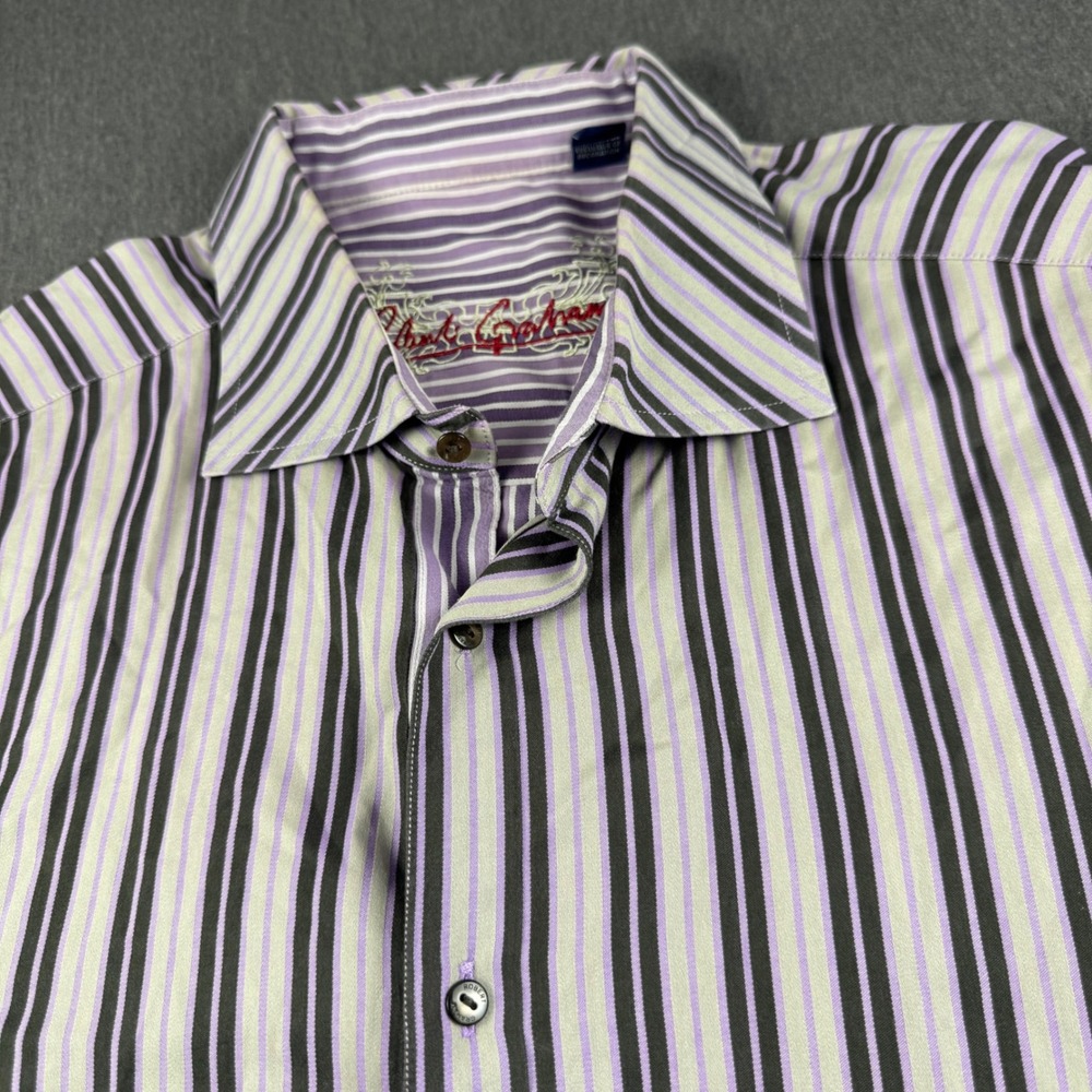 Robert Graham Mens 2XL Striped Button Down Shirt Purple Grey Long Sleeve L/S